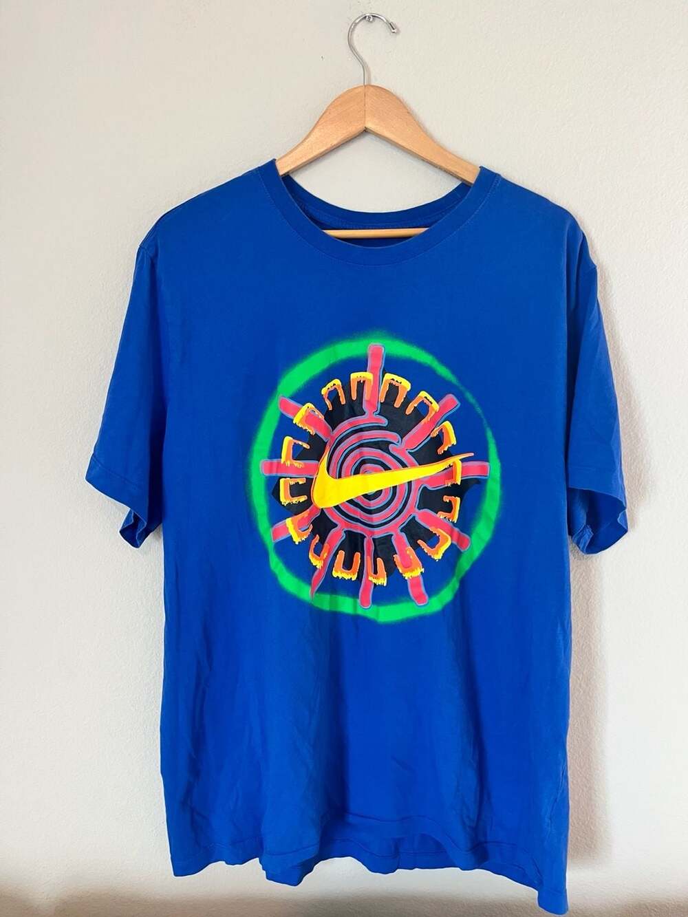 Nike, 3XL Vibrant Festival Graphic T-Shirt, Blue Swoosh Sun, Streetwear, Retro